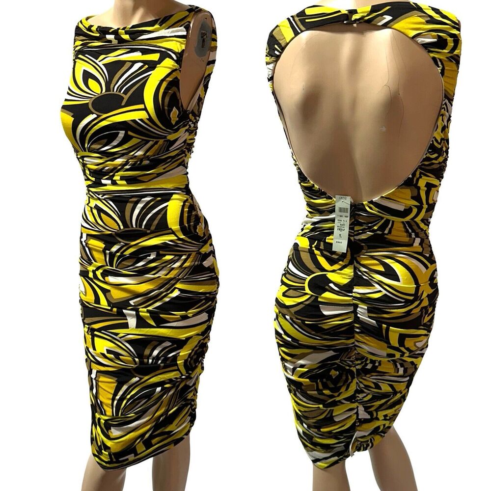 Cache Dress Size 10 Ruched Sheath Bodycon Open Back Drape Neck  Print Y2K NWT
